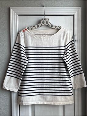ALLIHOP Striped Boat Neck 3/4 Sleeve 100% Cotton Knit Top White Navy M